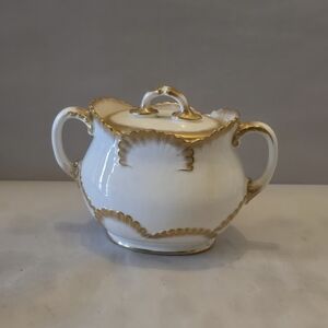 Vintage White Porcelain Sugar Bowl with Gold Trim